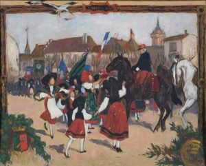 7.Anonyme (Alsace), Entrée du Général de Castelnau à Colmar le 22 novembre 1918 (au revers, Étude de cavalier à terre), 1ere moitié 20e siècle, huile sur carton, legs Victor Huen, 1947