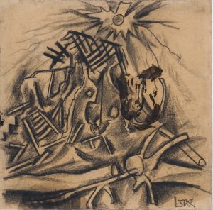 2.Otto Dix (Untermhaus-Gera, Allemagne, 1891 - Singen, Allemagne, 1969), Haus mit Bäumen und Sonne (Maison avec arbres et soleil), 1916, crayon noir sur papier brun, achat réalisé avec le soutien du Fonds Régional d'Acquisition pour les Musées (État / Conseil régional d'Alsace), 1994