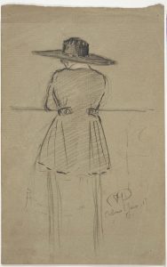 1.Marie-Berthe Molly (Colmar, 1865-1945), Portrait de femme de dos, 1917, crayon noir, rehauts de pastel ou de crayon de couleurs sur papier